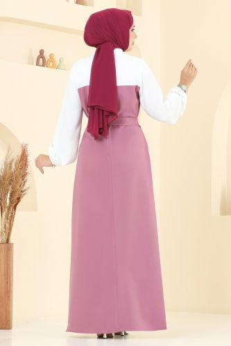 moda selvim Önü Taşlı Tesettür Elbise 8035ABK1075 Gül Kurusu - Thumbnail