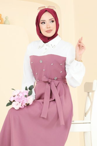 moda selvim Önü Taşlı Tesettür Elbise 8035ABK1075 Gül Kurusu - Thumbnail