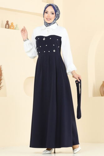 moda selvim Önü Taşlı Tesettür Elbise 8035ABK1075 Laci - Thumbnail