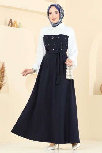 moda selvim Önü Taşlı Tesettür Elbise 8035ABK1075 Laci - Thumbnail