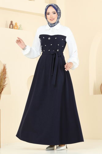 moda selvim Önü Taşlı Tesettür Elbise 8035ABK1075 Laci - Thumbnail
