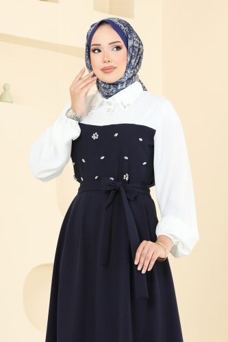 moda selvim Önü Taşlı Tesettür Elbise 8035ABK1075 Laci - Thumbnail