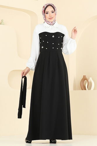 moda selvim Önü Taşlı Tesettür Elbise 8035ABK1075 Siyah - Thumbnail