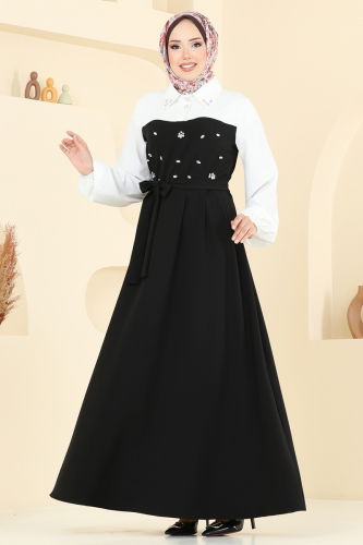 moda selvim Önü Taşlı Tesettür Elbise 8035ABK1075 Siyah - Thumbnail