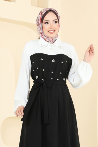 moda selvim Önü Taşlı Tesettür Elbise 8035ABK1075 Siyah - Thumbnail