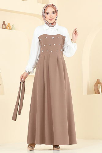 moda selvim Önü Taşlı Tesettür Elbise 8035ABK1075 Vizyon - Thumbnail