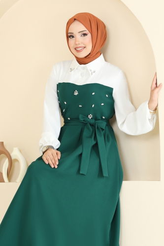 moda selvim Önü Taşlı Tesettür Elbise 8035ABK1075 Zümrüt - Thumbnail