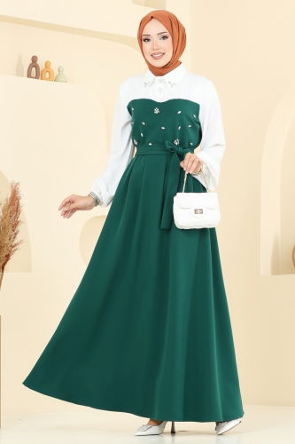 moda selvim Önü Taşlı Tesettür Elbise 8035ABK1075 Zümrüt - Thumbnail