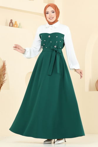 moda selvim Önü Taşlı Tesettür Elbise 8035ABK1075 Zümrüt - Thumbnail