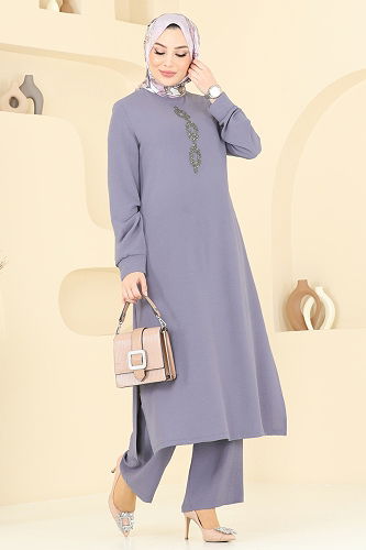 moda selvim Önü Taşlı Tesettür Takım 2627SL432 Gri - Thumbnail