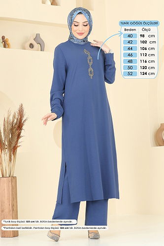 moda selvim Önü Taşlı Tesettür Takım 2627SL432 İndigo - Thumbnail