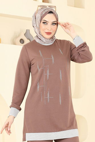 moda selvim Önü Taşlı Tesettür Takım 2637SL432 Açık Kahve - Thumbnail