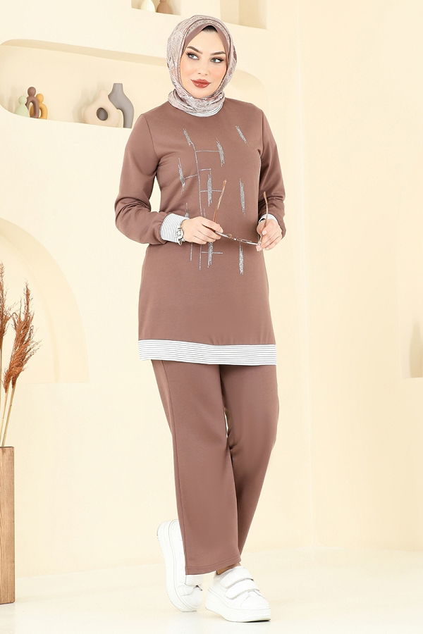 S.L. - Önü Taşlı Tesettür Takım 2637SL432 Açık Kahve