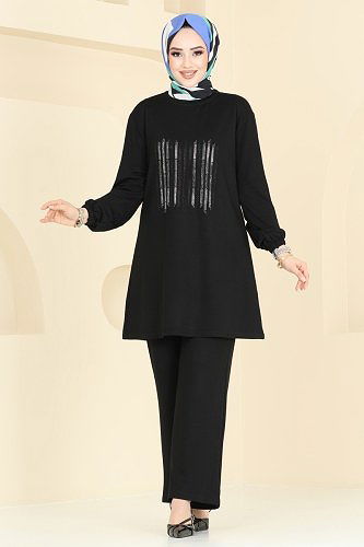 moda selvim Önü Taşlı Tesettür Takım 2681AYD574 Siyah - Thumbnail