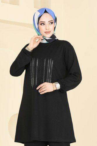 moda selvim Önü Taşlı Tesettür Takım 2681AYD574 Siyah - Thumbnail