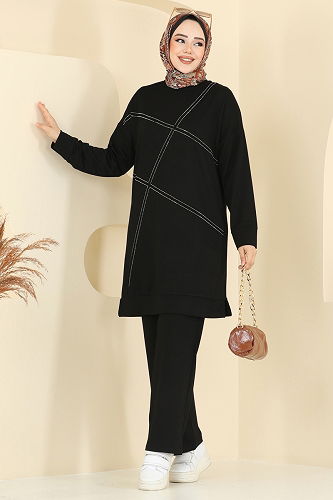 moda selvim Önü Taşlı Tesettür Takım 2693AYD574 Siyah - Thumbnail