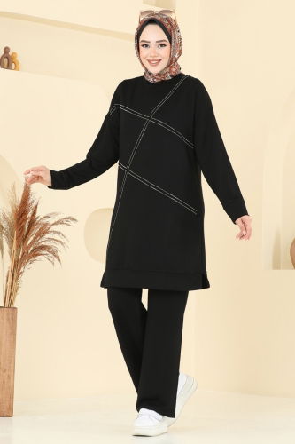 moda selvim Önü Taşlı Tesettür Takım 2693AYD574 Siyah - Thumbnail