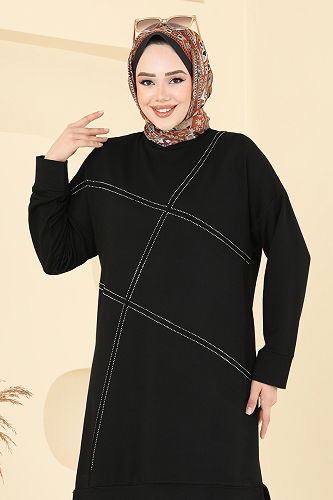 moda selvim Önü Taşlı Tesettür Takım 2693AYD574 Siyah - Thumbnail