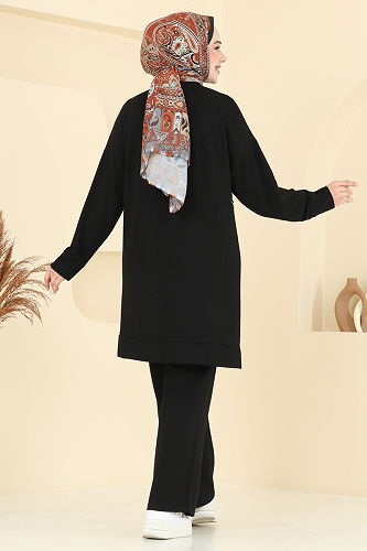 moda selvim Önü Taşlı Tesettür Takım 2693AYD574 Siyah - Thumbnail