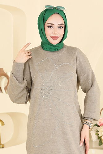 moda selvim Önü Taşlı Triko Takım 1108MT581 Bej - Thumbnail