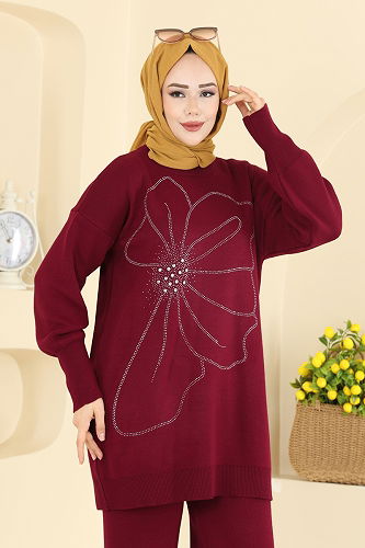 moda selvim Önü Taşlı Triko Takım 1108MT581 Bordo - Thumbnail
