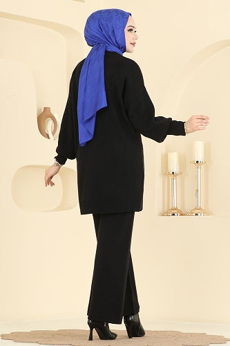 moda selvim Önü Taşlı Triko Takım 1108MT581 Siyah - Thumbnail