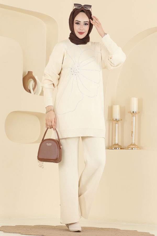 Modaselvim Kombin Önü Taşlı Triko Takım 1108MT581 Taş