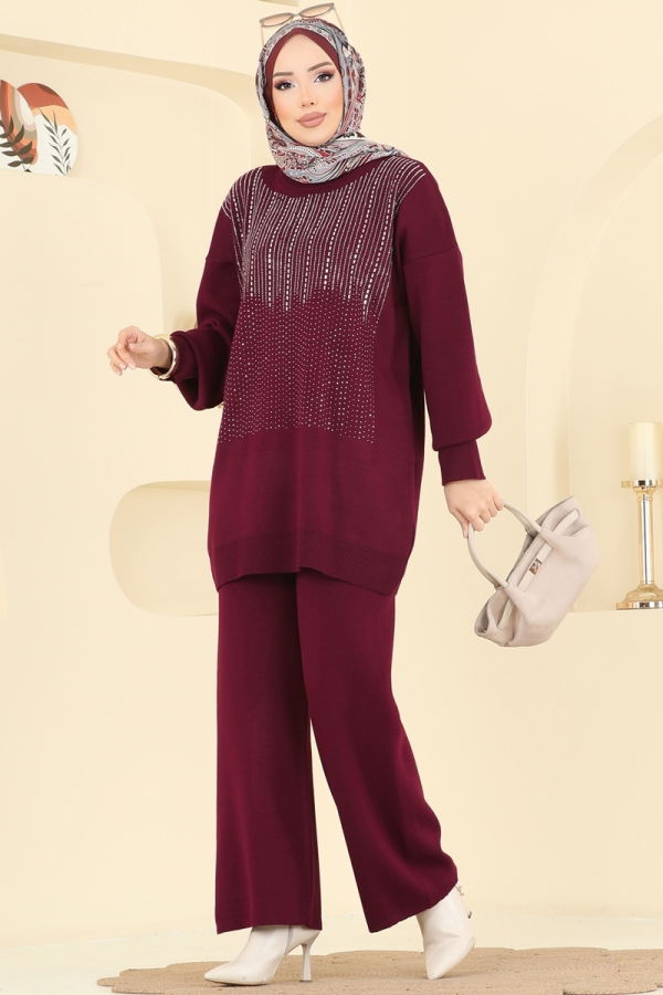 Modaselvim Kombin Önü Taşlı Triko Takım 1109MT581 Bordo