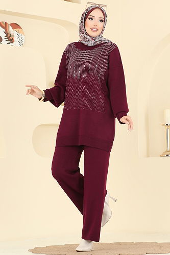 moda selvim Önü Taşlı Triko Takım 1109MT581 Bordo - Thumbnail