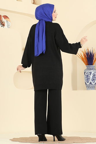 moda selvim Önü Taşlı Triko Takım 1109MT581 Siyah - Thumbnail