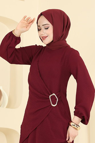 moda selvim Önü Toka Detaylı Elbise 2638MSZ1172 Bordo - Thumbnail