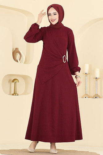 moda selvim Önü Toka Detaylı Elbise 2638MSZ1172 Bordo - Thumbnail