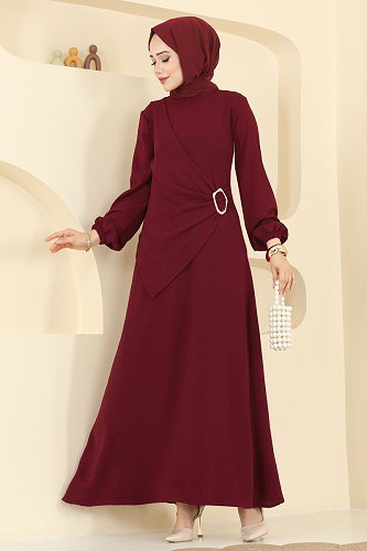 moda selvim Önü Toka Detaylı Elbise 2638MSZ1172 Bordo - Thumbnail