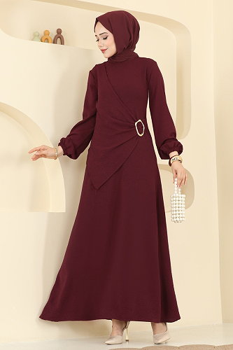 moda selvim Önü Toka Detaylı Elbise 2638MSZ1172 Bordo - Thumbnail