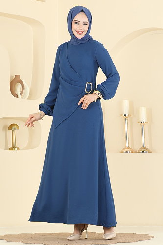 moda selvim Önü Toka Detaylı Elbise 2638MSZ1172 İndigo - Thumbnail