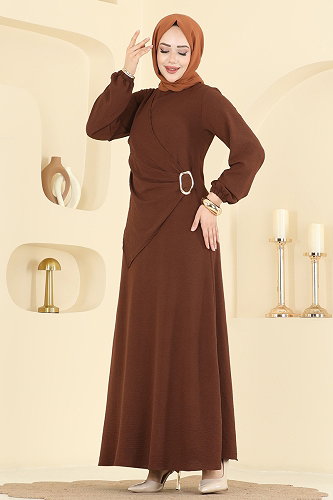 moda selvim Önü Toka Detaylı Elbise 2638MSZ1172 Kahve - Thumbnail