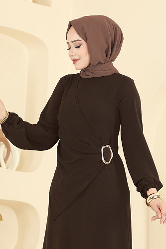 moda selvim Önü Toka Detaylı Elbise 2638MSZ1172 Koyu Kahve - Thumbnail