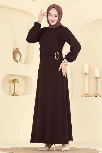 moda selvim Önü Toka Detaylı Elbise 2638MSZ1172 Koyu Kahve - Thumbnail