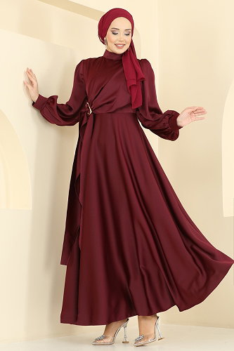 moda selvim Önü Tokalı Saten Abiye 8266AB368 Bordo - Thumbnail