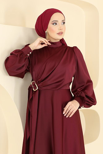 moda selvim Önü Tokalı Saten Abiye 8266AB368 Bordo - Thumbnail