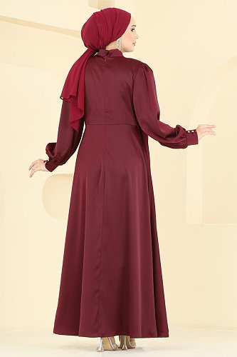 moda selvim Önü Tokalı Saten Abiye 8266AB368 Bordo - Thumbnail