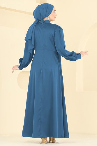 moda selvim Önü Tokalı Saten Abiye 8266AB368 İndigo - Thumbnail