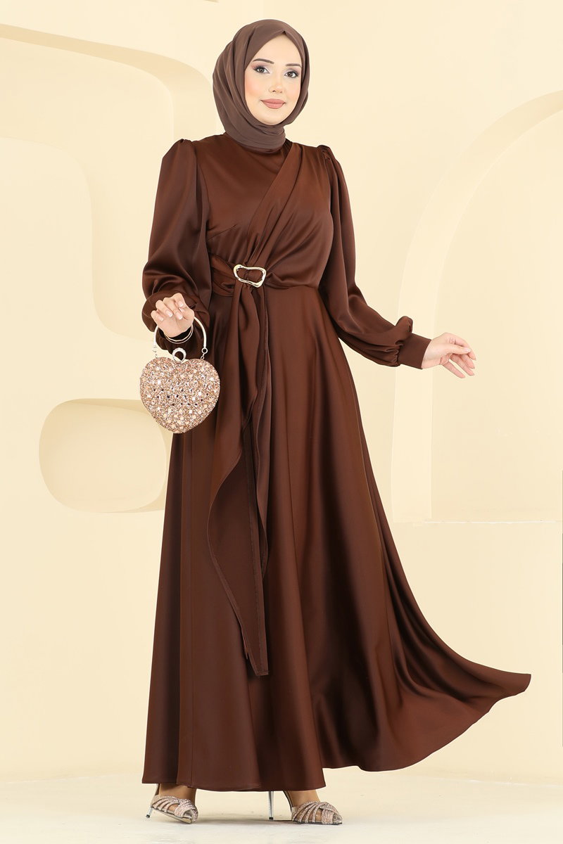 Önü Tokalı Saten Abiye 8266AB368 Kahve