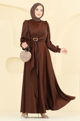 A.B. - Önü Tokalı Saten Abiye 8266AB368 Kahve