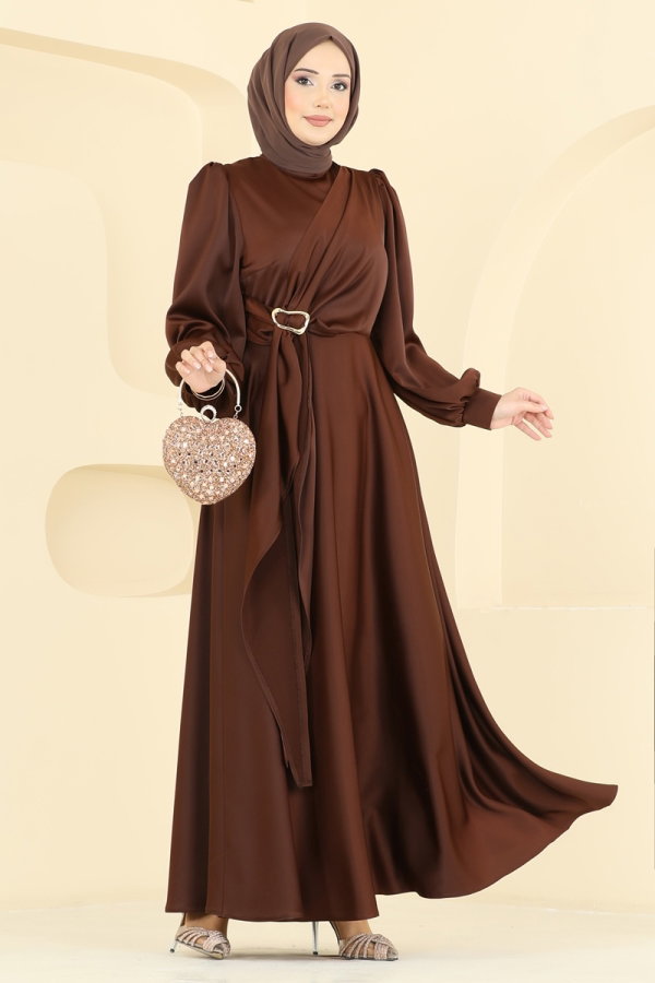 Modaselvim ABİYE Önü Tokalı Saten Abiye 8266AB368 Kahve