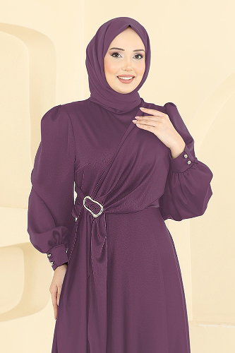 moda selvim Önü Tokalı Saten Abiye 8266AB368 Koyu Lila - Thumbnail