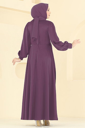 moda selvim Önü Tokalı Saten Abiye 8266AB368 Koyu Lila - Thumbnail