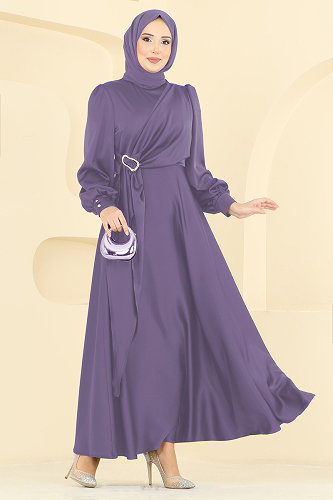 moda selvim Önü Tokalı Saten Abiye 8266AB368 Lila - Thumbnail
