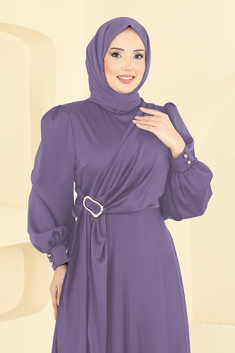 moda selvim Önü Tokalı Saten Abiye 8266AB368 Lila - Thumbnail