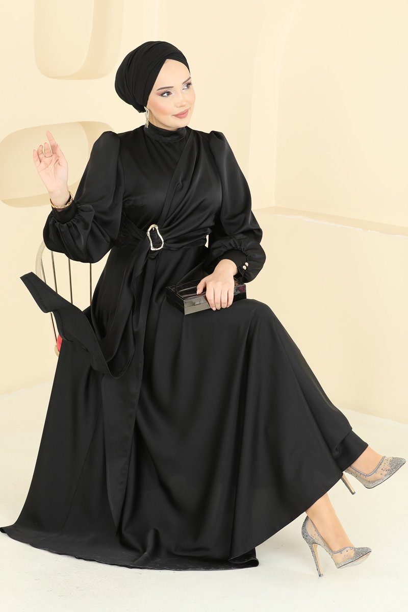 Önü Tokalı Saten Abiye 8266AB368 Siyah